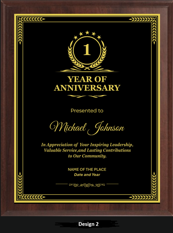 First Year Anniversary Plaque - Walnut / Cherry Trophy Plaque with Gold / Silver Black Metal Plate - Multiple Sizes
