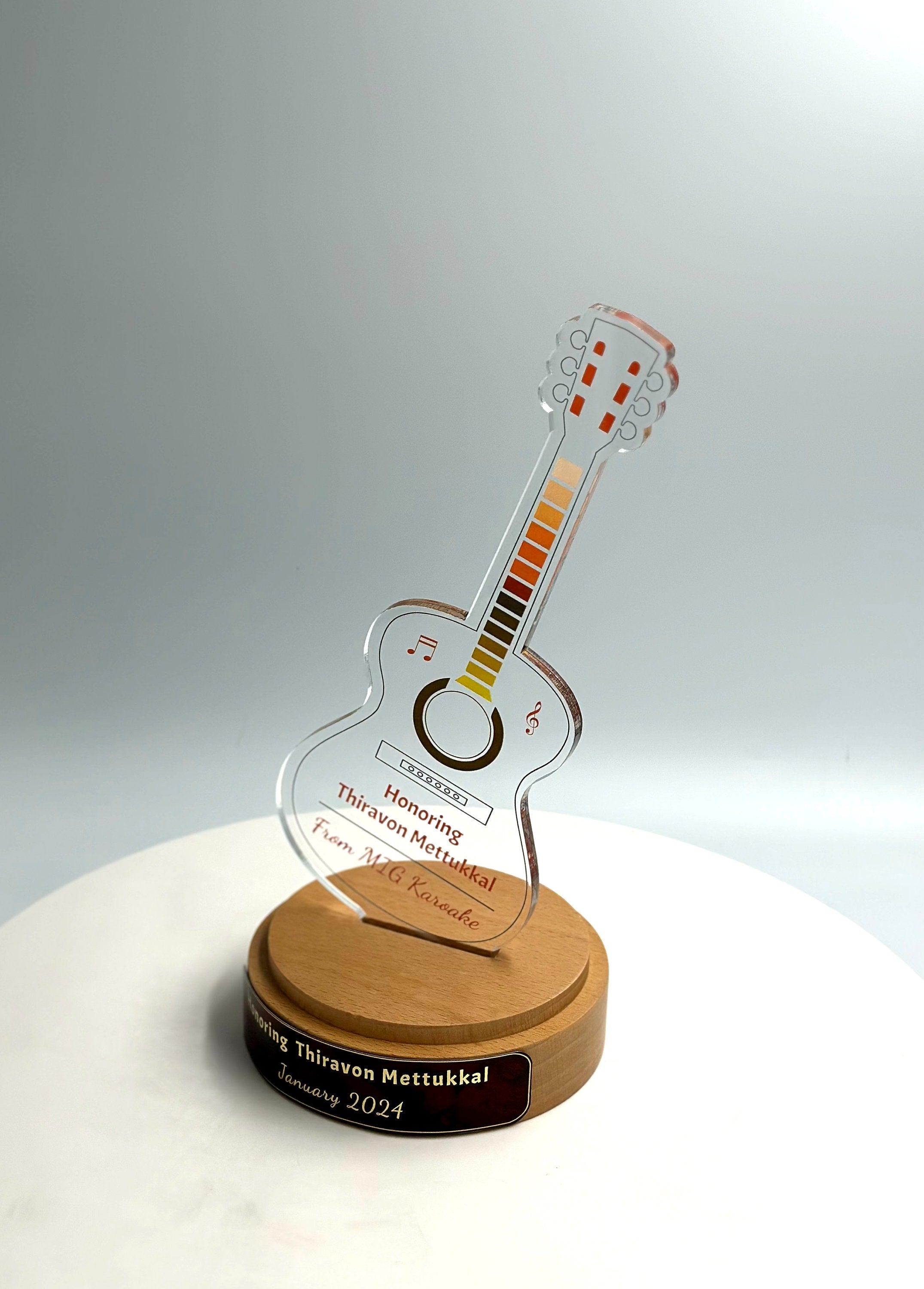 Guitar Acrylic Trophy with Solid Round Wood Base / Music Award / Guitarist Trophy / Artist Award - Acrylic Color Prints - Free Customization