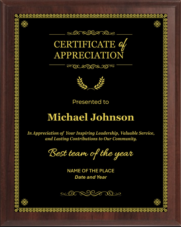 Premium Certificate of Appreciation Plaque - Walnut / Cherry Trophy Plaque with Gold / Silver Black Metal Plate - Multiple Sizes