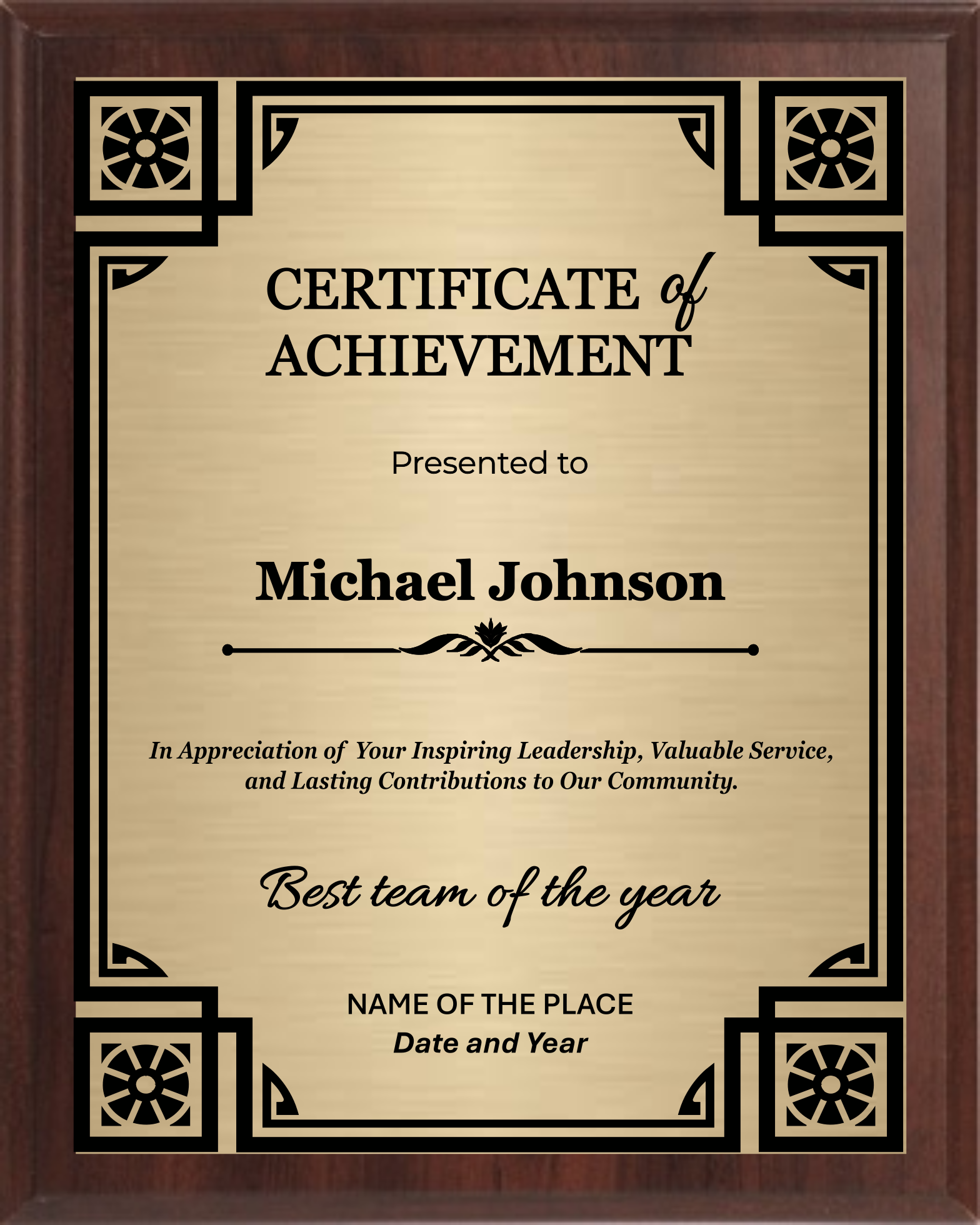 Achievement Trophy Plaque Award - Walnut / Cherry Trophy Plaque with Black on Gold/Silver/Bronze Metal Plate - Multiple Size