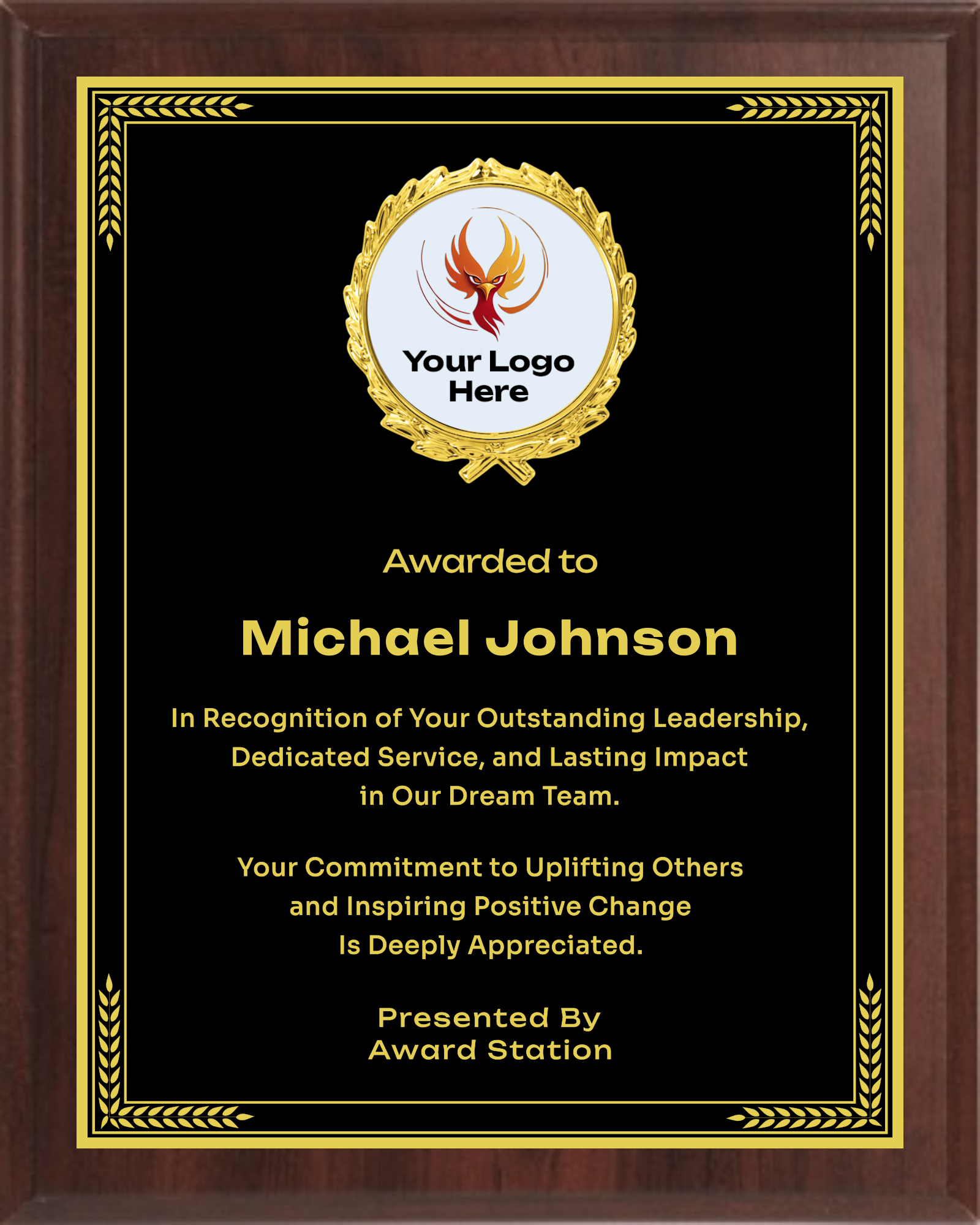 Recognition Trophy Plaque Award- Walnut / Cherry Trophy Plaque with Gold / Silver Black Metal Plate - Multiple Sizes