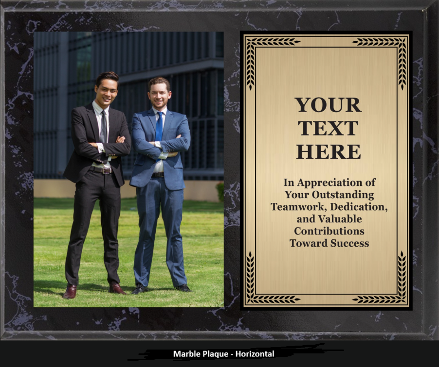 Corporate Photo Plaque Award - Black Marble Trophy Plaque with Gold on Black Metal Plate - Multiple Sizes