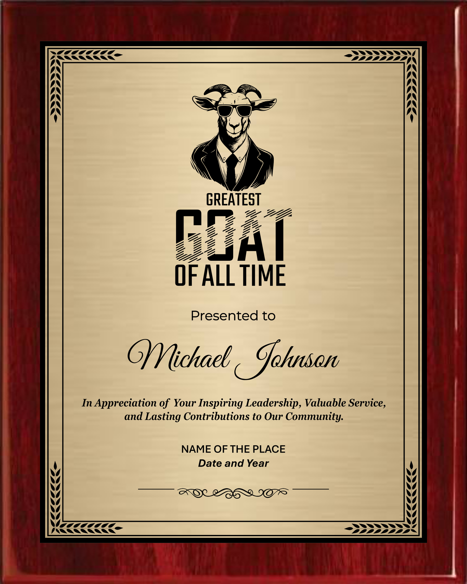 GOAT Award Plaque - Rosewood Plaque with Gold / Silver Black Metal Plate - Multiple Sizes