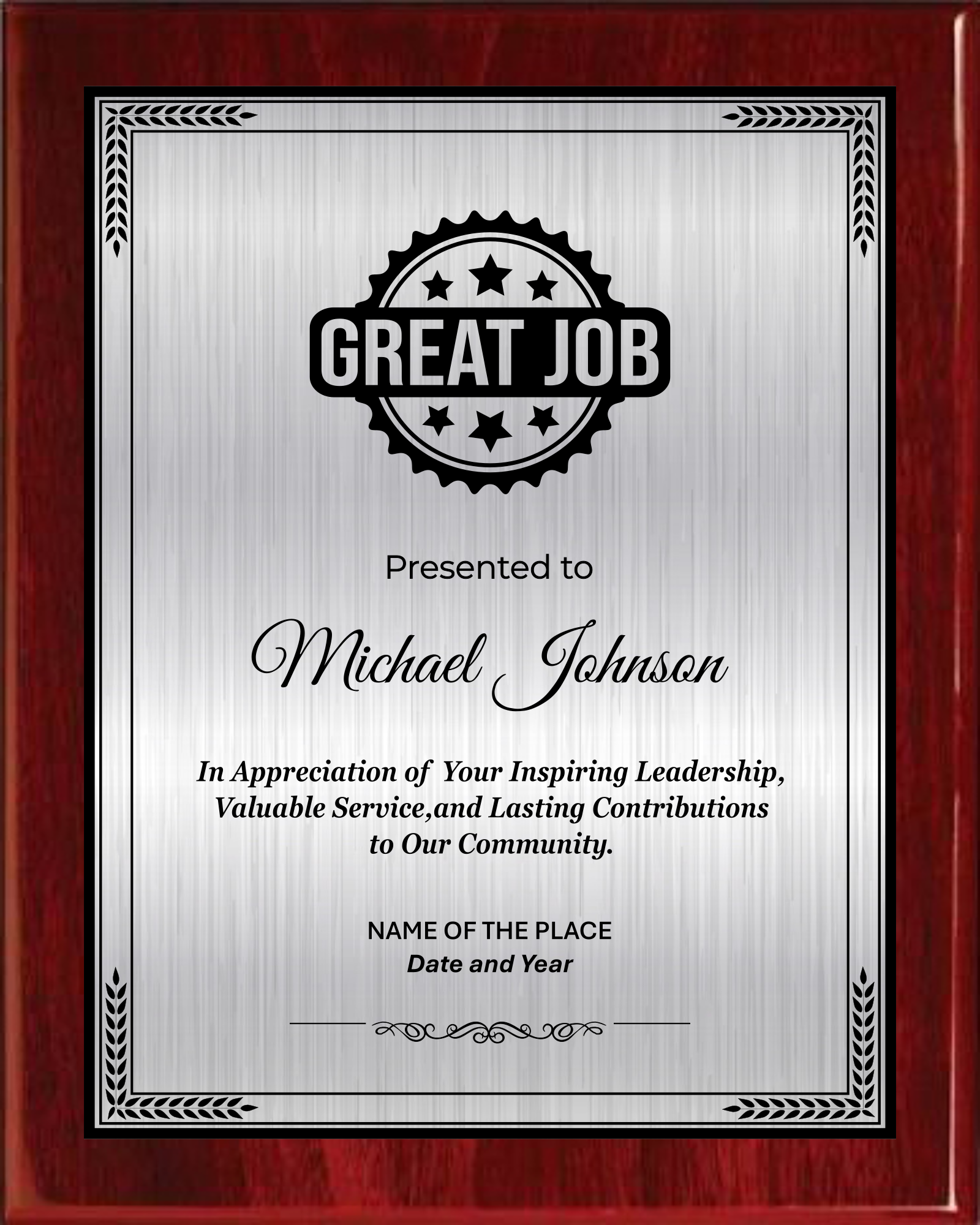 Great Job Award Plaque - Rosewood Plaque with Gold / Silver Black Metal Plate - Multiple Sizes
