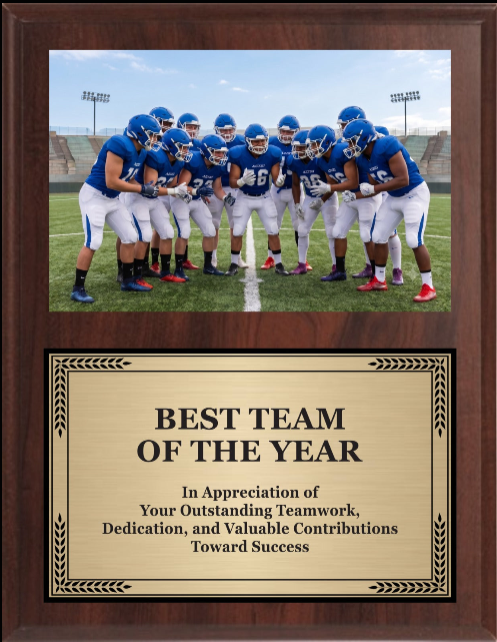 Best Team Of The Year-Walnut /Classic Wood Vertical Photo Plaque/Cherry Trophy Plaque with Gold / Silver Black Metal Plate - Multiple Sizes