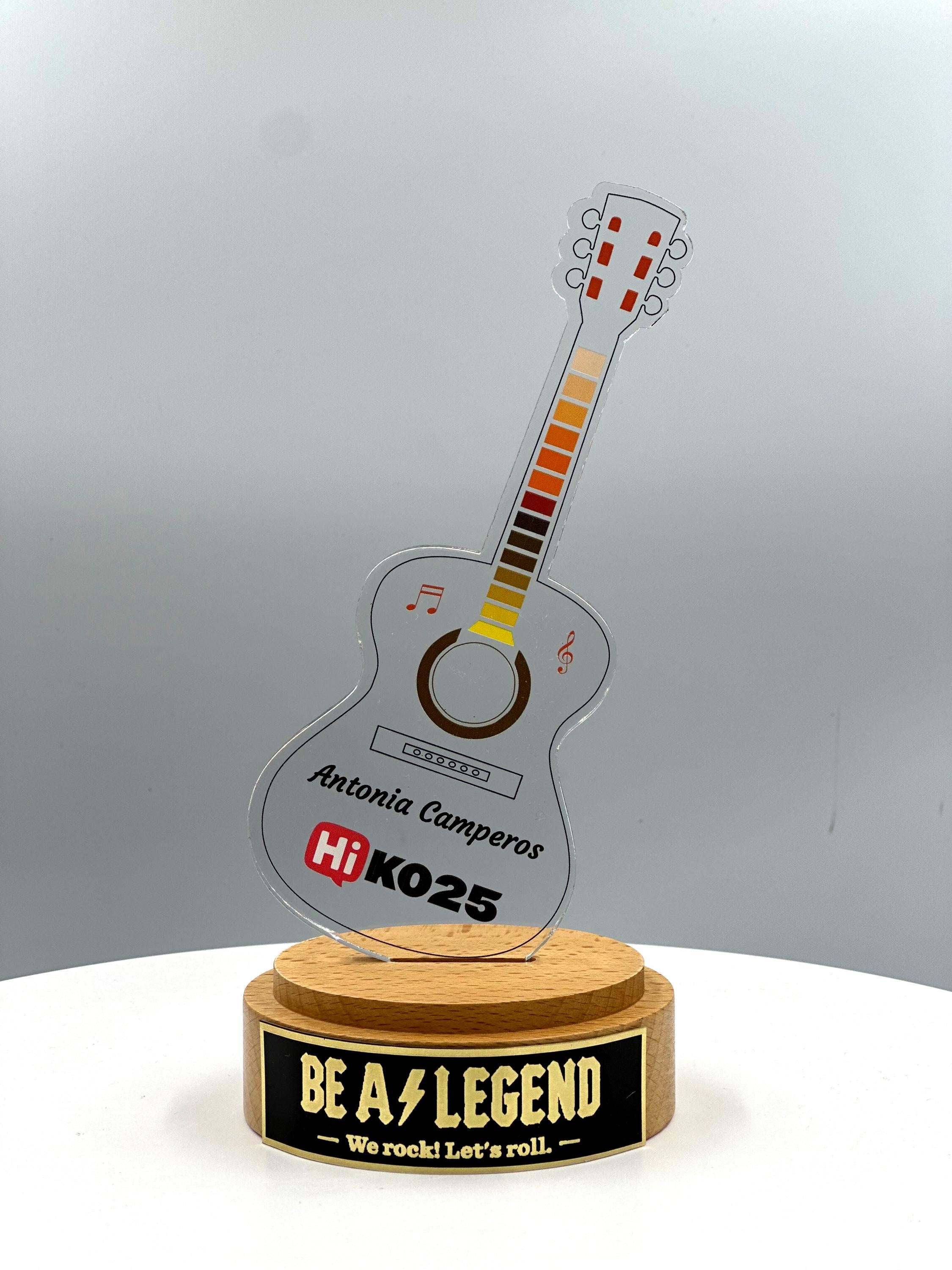 Guitar Acrylic Trophy with Solid Round Wood Base / Music Award / Guitarist Trophy / Artist Award - Acrylic Color Prints - Free Customization
