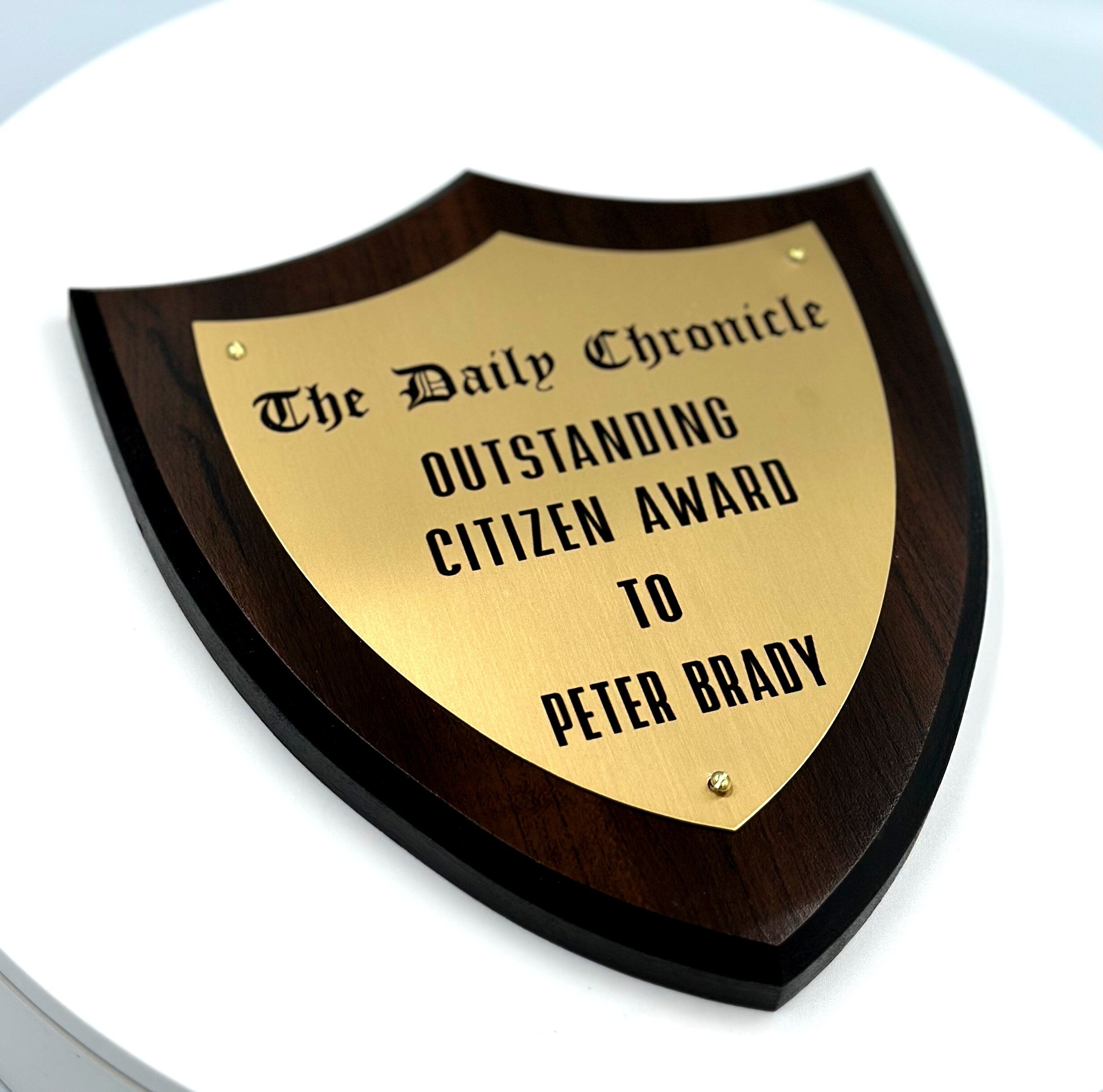 Shield Trophy Plaque Award - Walnut / Cherry Trophy Plaque with Gold / Silver on Black Metal Plate - Multiple Sizes