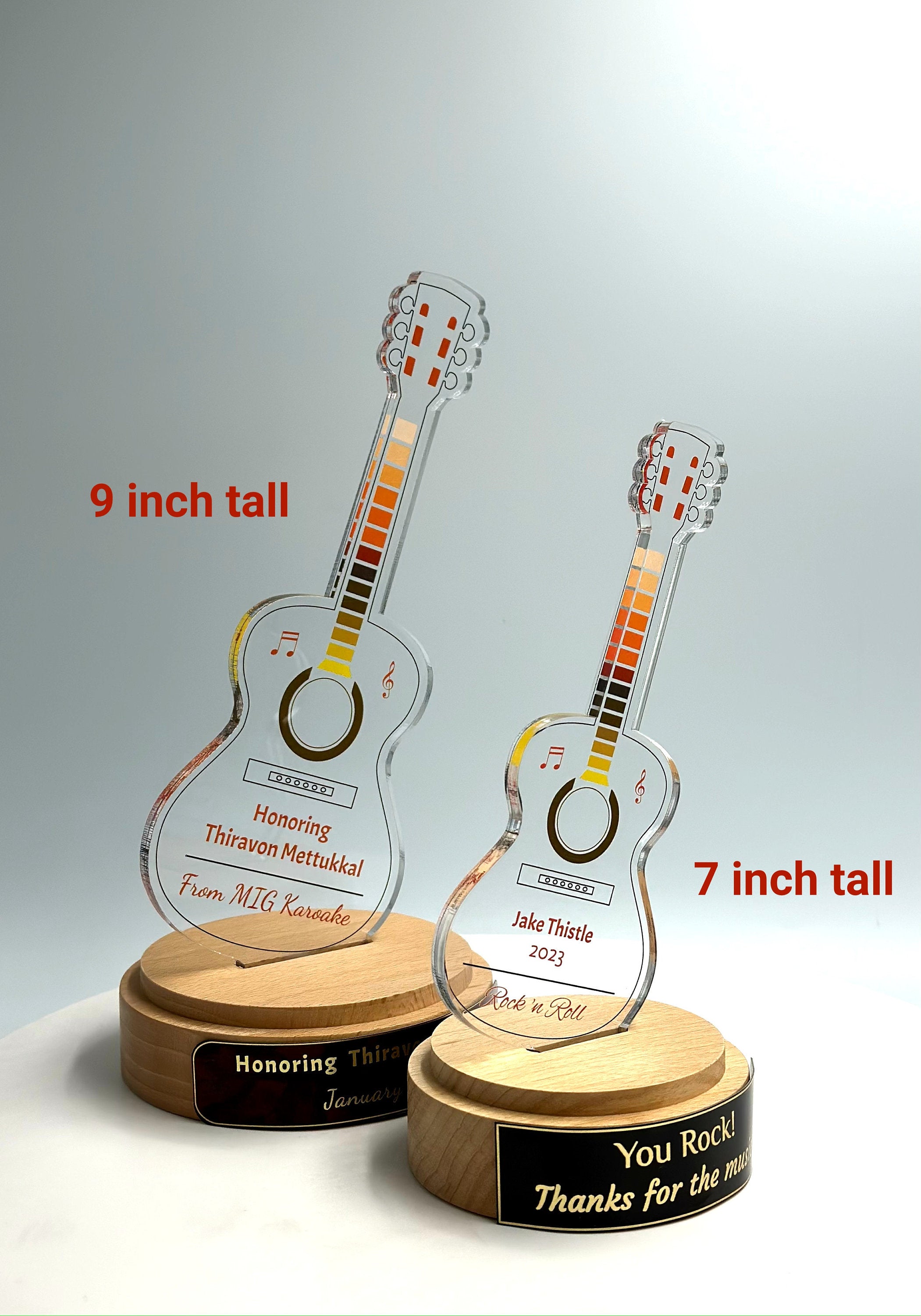 Guitar Acrylic Trophy with Solid Round Wood Base / Music Award / Guitarist Trophy / Artist Award - Acrylic Color Prints - Free Customization