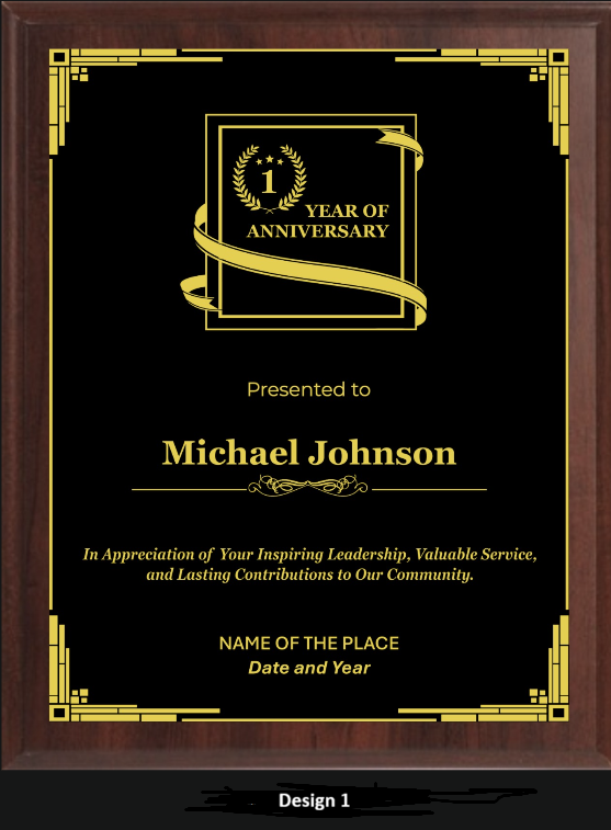 First Year Anniversary Plaque - Walnut / Cherry Trophy Plaque with Gold / Silver Black Metal Plate - Multiple Sizes