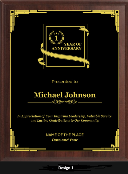 First Year Anniversary Plaque - Walnut / Cherry Trophy Plaque with Gold / Silver Black Metal Plate - Multiple Sizes