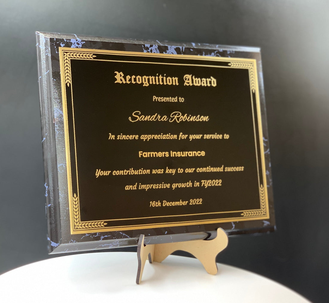Personalized Engraved Trophy Plaque Award - Black Marble Trophy Plaque with Gold on Black Metal Plate - Multiple Sizes