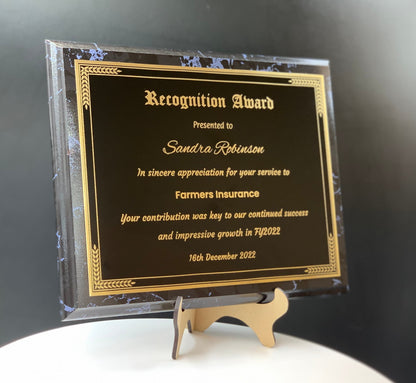 Personalized Engraved Trophy Plaque Award - Black Marble Trophy Plaque with Gold on Black Metal Plate - Multiple Sizes