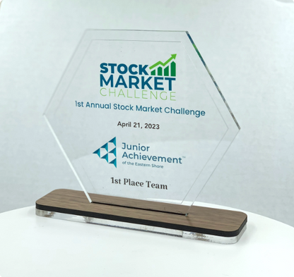 Hexagon Acrylic Trophy with Wood Base / Science Award / STEM Award / Tech Gift - Acrylic with Color Prints - Free Customization