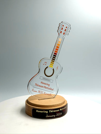 Guitar Acrylic Trophy with Solid Round Wood Base / Music Award / Guitarist Trophy / Artist Award - Acrylic Color Prints - Free Customization