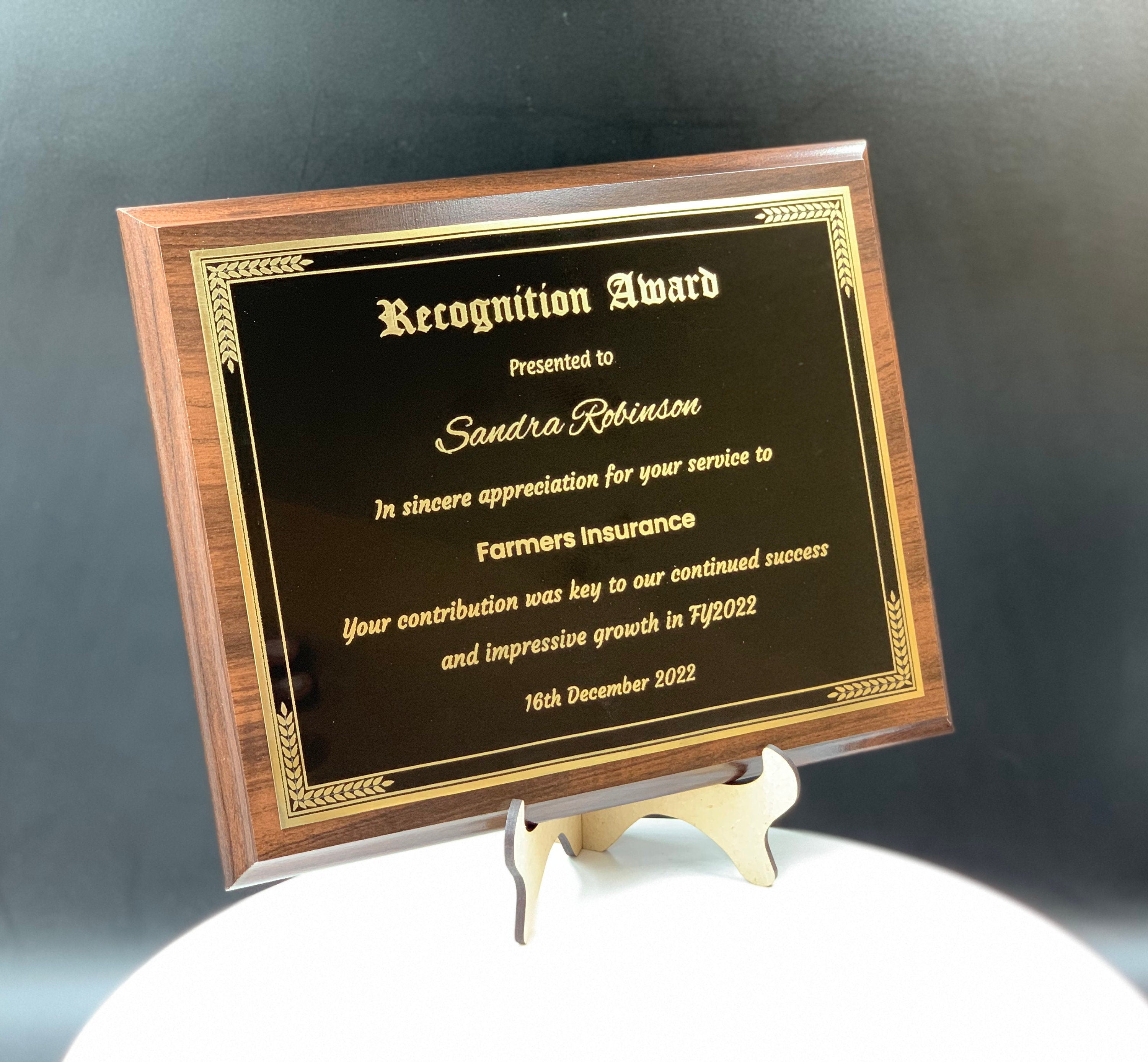 Personalized Engraved Trophy Plaque Award - Walnut / Cherry Trophy Plaque with Gold / Silver Black Metal Plate - Multiple Sizes