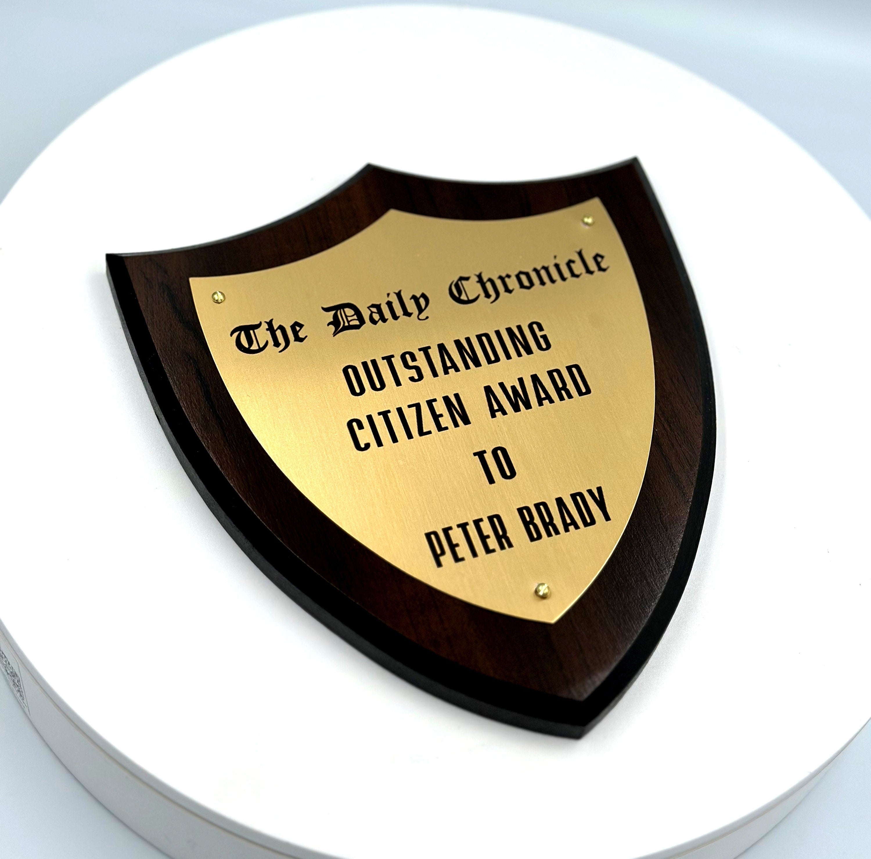 Shield Trophy Plaque Award - Walnut / Cherry Trophy Plaque with Gold / Silver on Black Metal Plate - Multiple Sizes