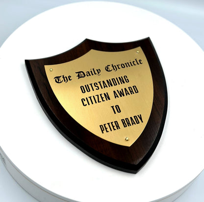 Shield Trophy Plaque Award - Walnut / Cherry Trophy Plaque with Gold / Silver on Black Metal Plate - Multiple Sizes
