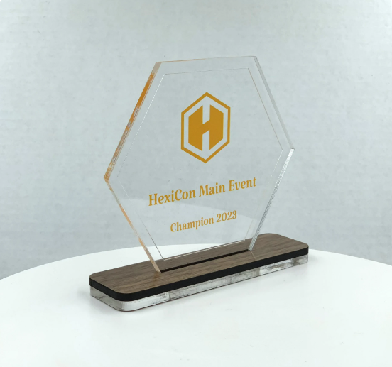 Hexagon Acrylic Trophy with Wood Base / Science Award / STEM Award / Tech Gift - Acrylic with Color Prints - Free Customization