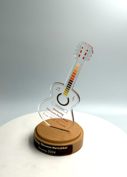 Guitar Acrylic Trophy with Solid Round Wood Base / Music Award / Guitarist Trophy / Artist Award - Acrylic Color Prints - Free Customization