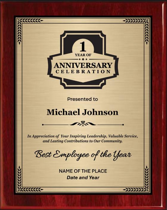 Anniversary Award Plaque - Rosewood Plaque with Gold/Silver/Bronze on Black Metal Plate - Multiple Sizes