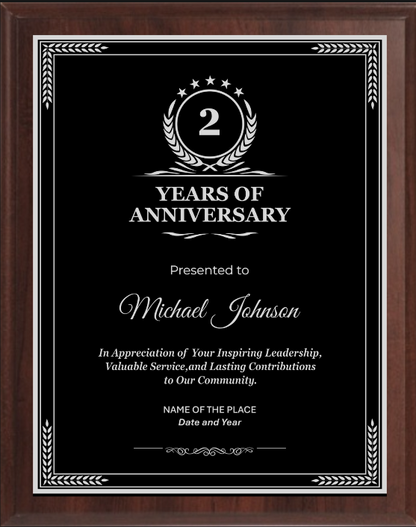 Anniversary Trophy Plaque Award - Walnut / Cherry Trophy Plaque with Silver Black Metal Plate - Multiple Size