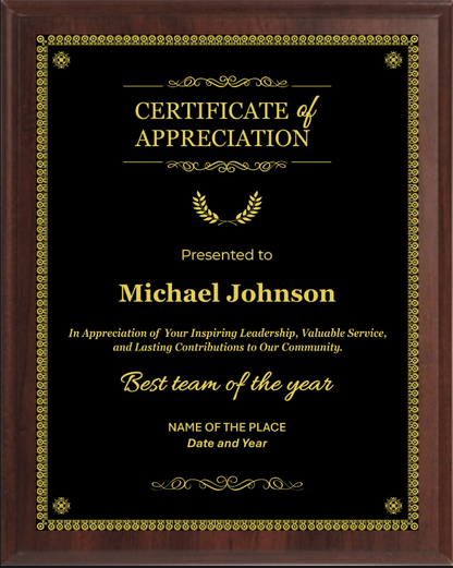 Premium Certificate of Appreciation Plaque - Walnut / Cherry Trophy Plaque with Gold / Silver Black Metal Plate - Multiple Sizes