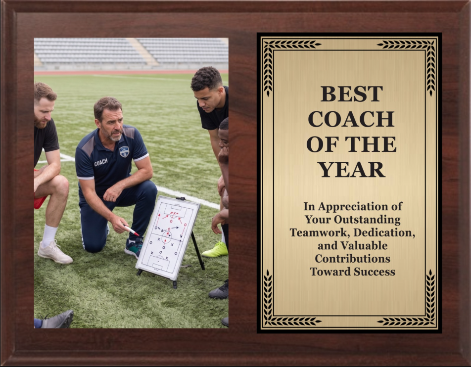 Best Coach Photo Recognition Plaque - Walnut / Cherry Trophy Plaque with Gold / Silver Black Metal Plate - Multiple Sizes