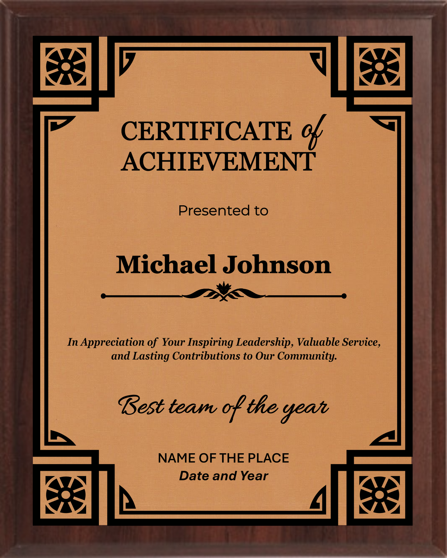 Achievement Trophy Plaque Award - Walnut / Cherry Trophy Plaque with Black on Gold/Silver/Bronze Metal Plate - Multiple Size
