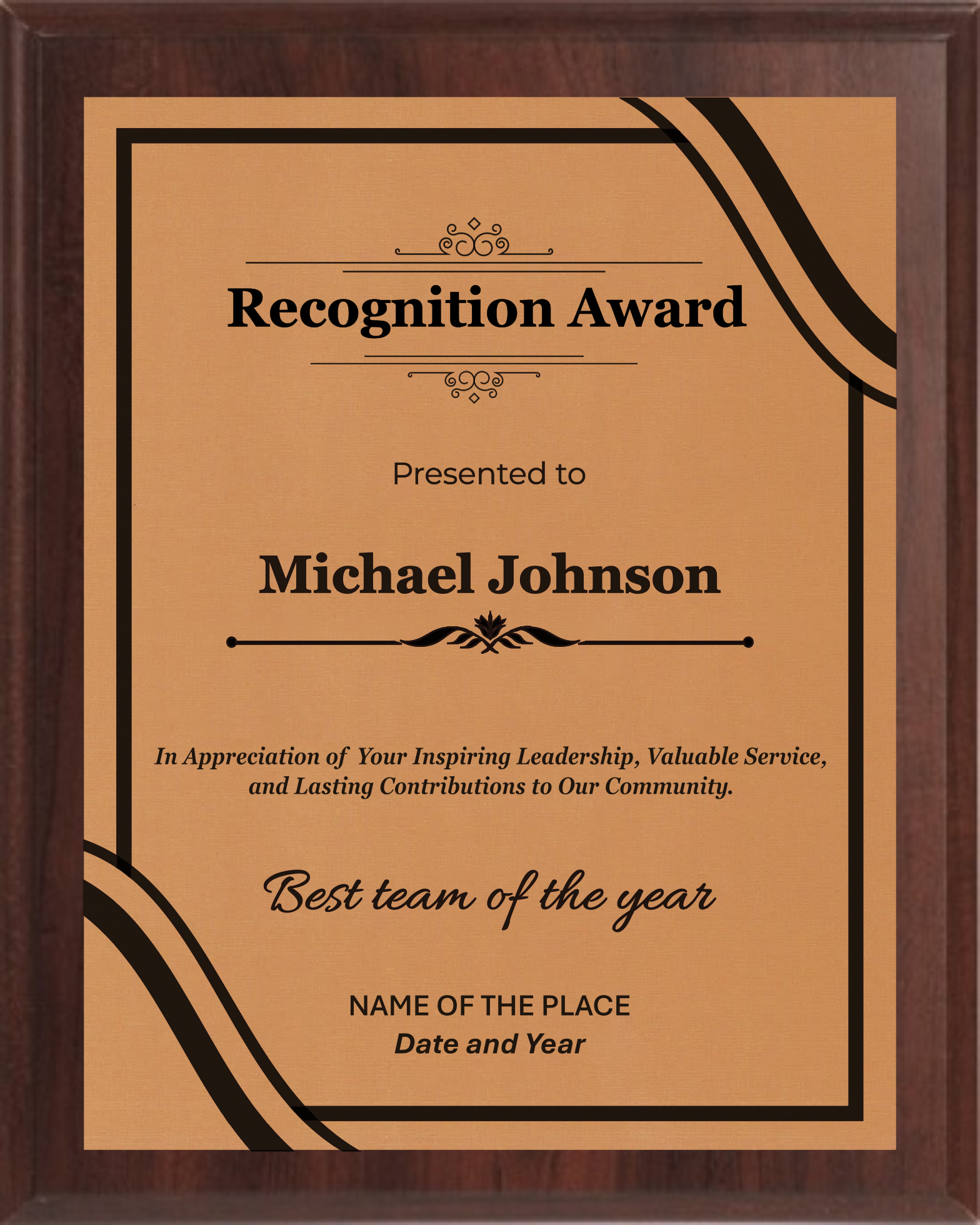 Recognition Trophy Plaque Award - Walnut / Cherry Trophy Plaque with Black on Gold/Silver/Bronze Metal Plate - Multiple Size