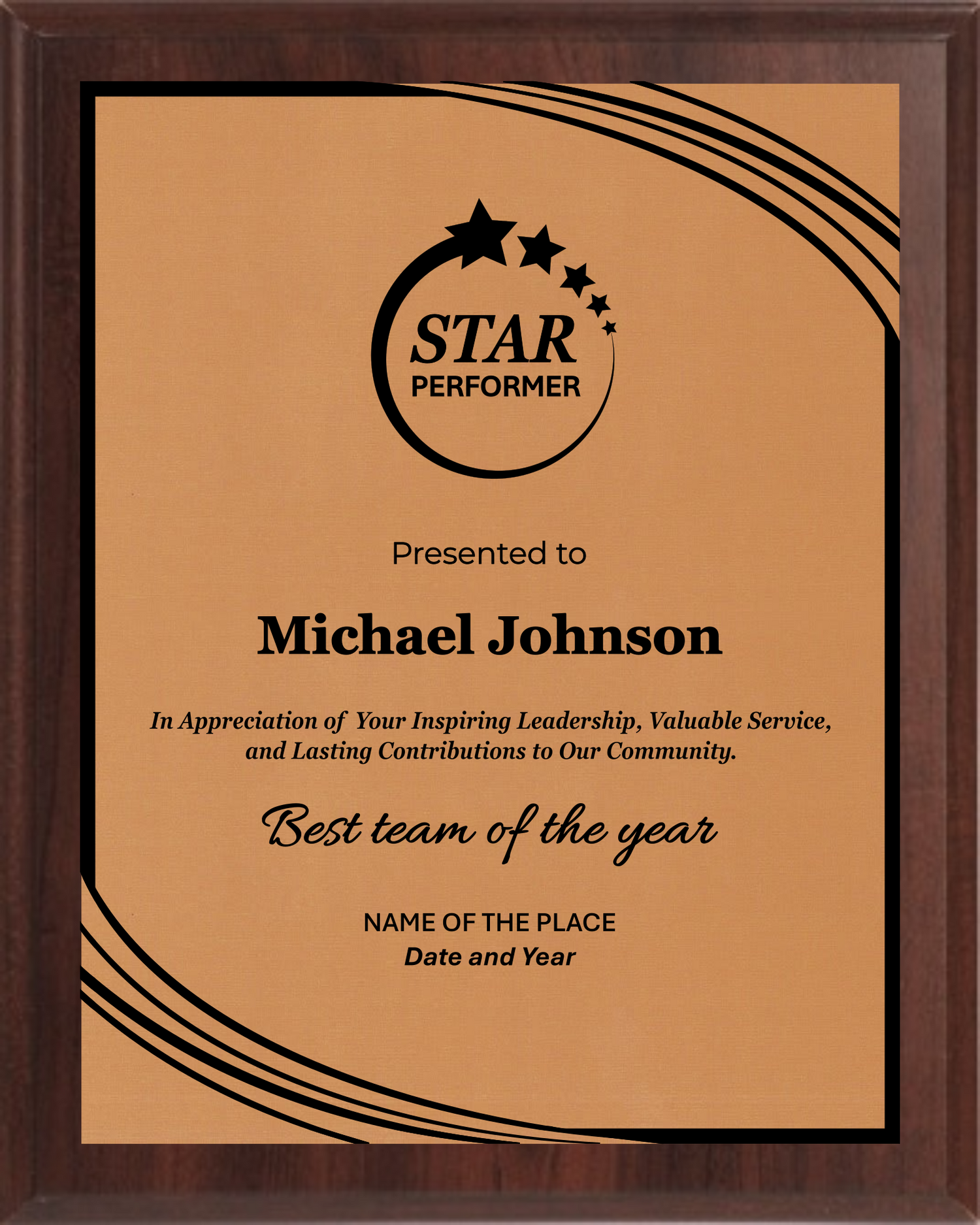 Star Performer Trophy Plaque Award - Walnut / Cherry Trophy Plaque with Black on Gold/Silver/Bronze Metal Plate - Multiple Size