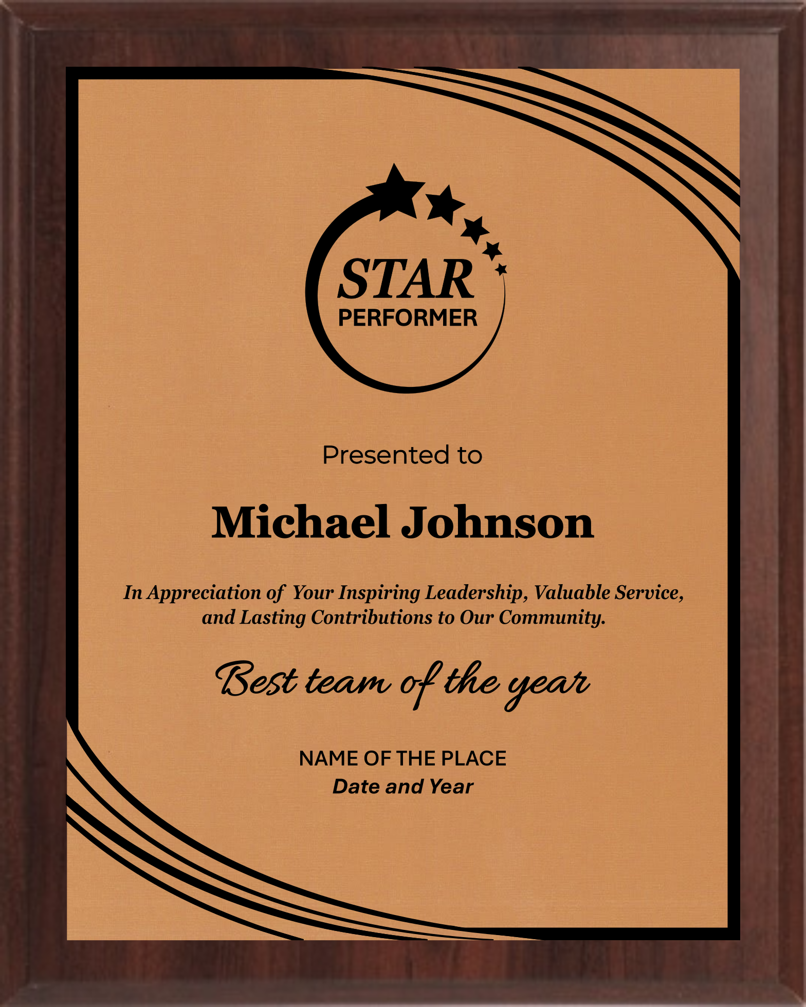 Star Performer Trophy Plaque Award - Walnut / Cherry Trophy Plaque with Black on Gold/Silver/Bronze Metal Plate - Multiple Size
