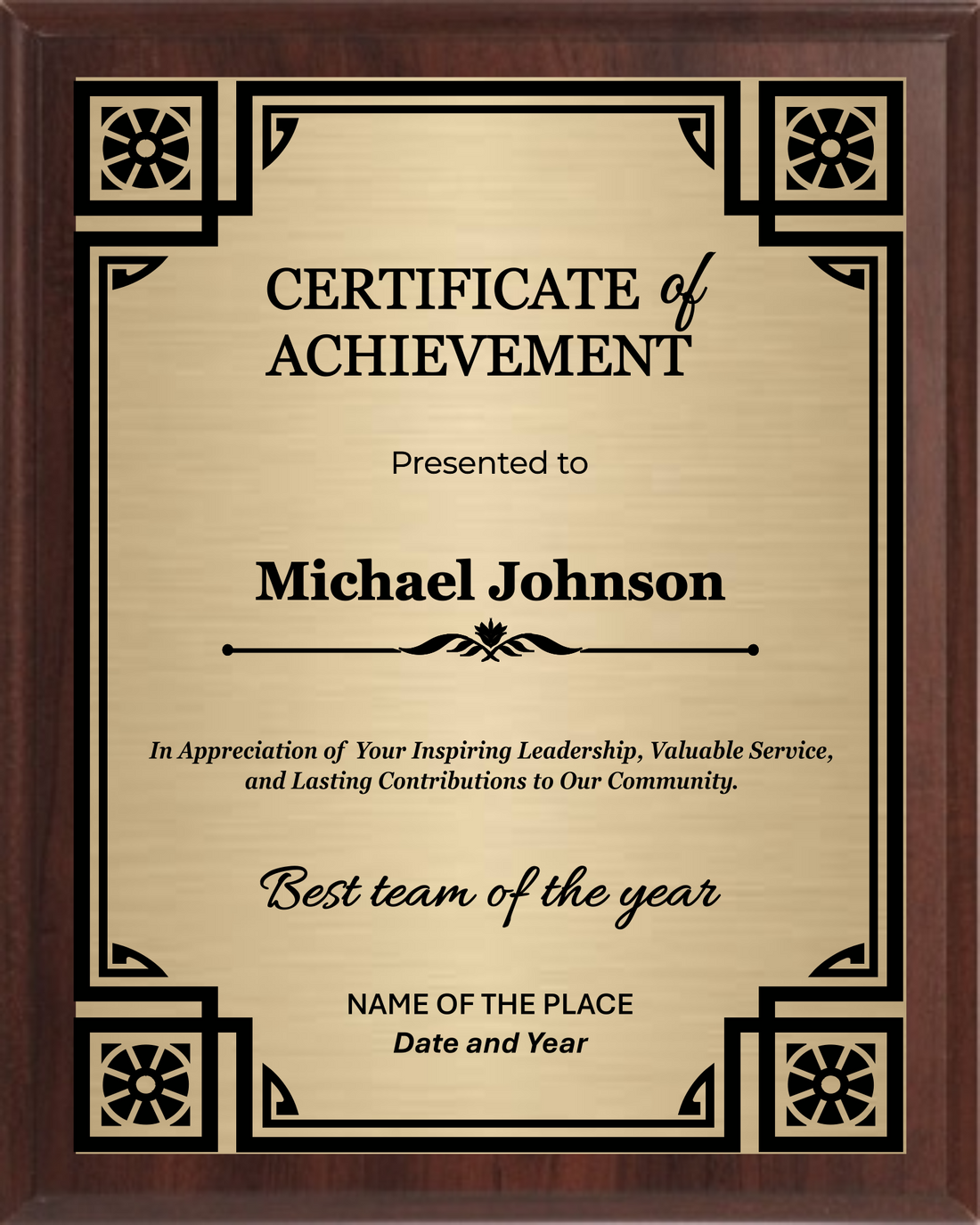 Achievement Trophy Plaque Award - Walnut / Cherry Trophy Plaque with Black on Gold/Silver/Bronze Metal Plate - Multiple Size