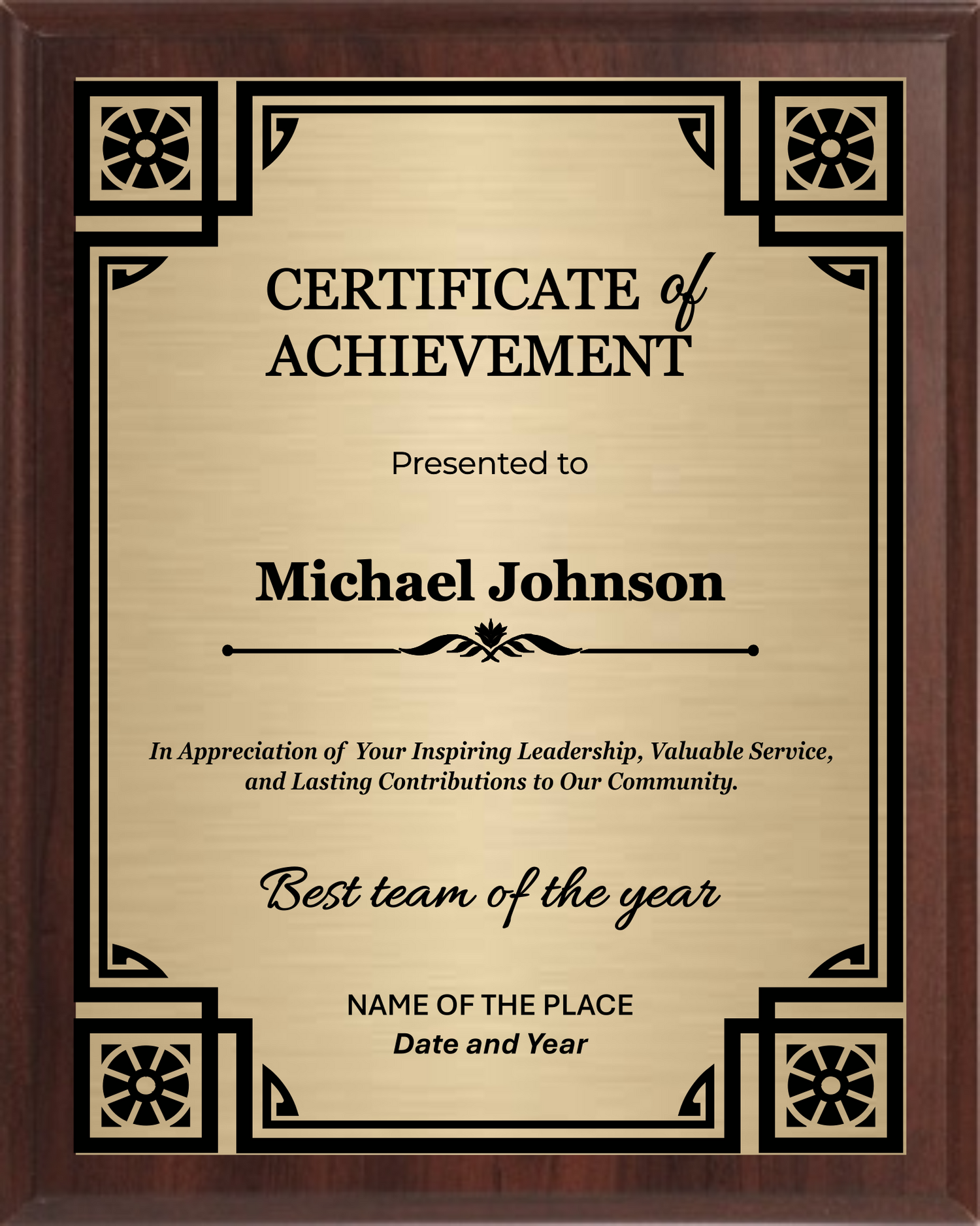 Achievement Trophy Plaque Award - Walnut / Cherry Trophy Plaque with Black on Gold/Silver/Bronze Metal Plate - Multiple Size