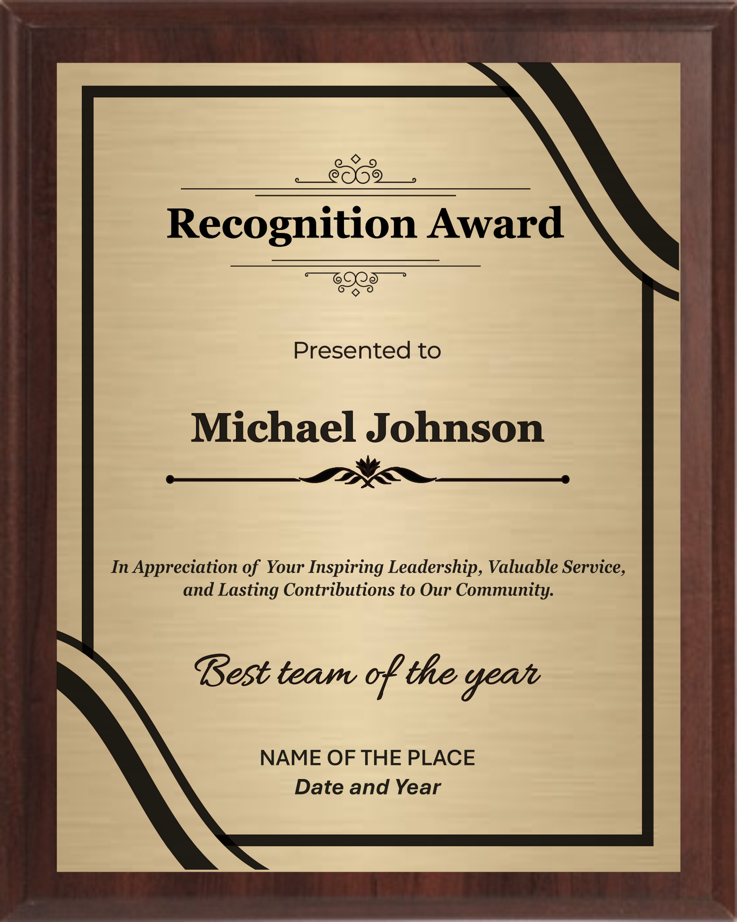 Recognition Trophy Plaque Award - Walnut / Cherry Trophy Plaque with Black on Gold/Silver/Bronze Metal Plate - Multiple Size