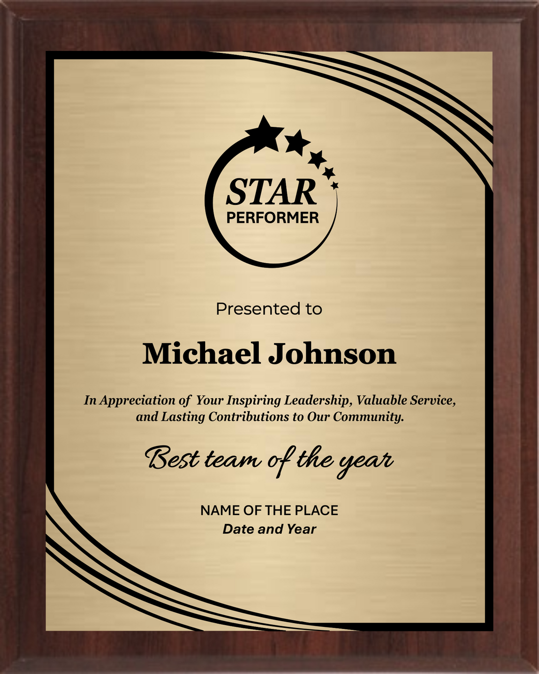 Star Performer Trophy Plaque Award - Walnut / Cherry Trophy Plaque with Black on Gold/Silver/Bronze Metal Plate - Multiple Size