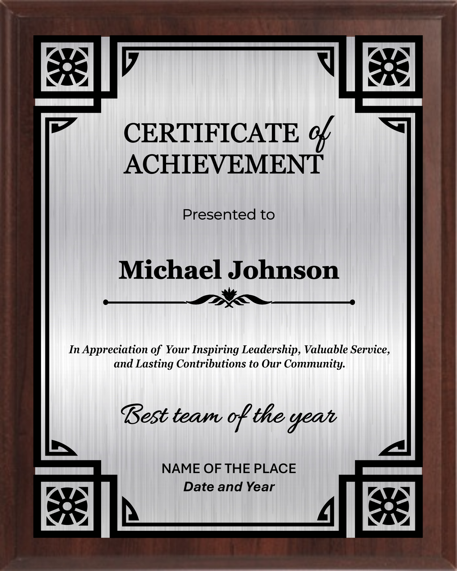 Achievement Trophy Plaque Award - Walnut / Cherry Trophy Plaque with Black on Gold/Silver/Bronze Metal Plate - Multiple Size