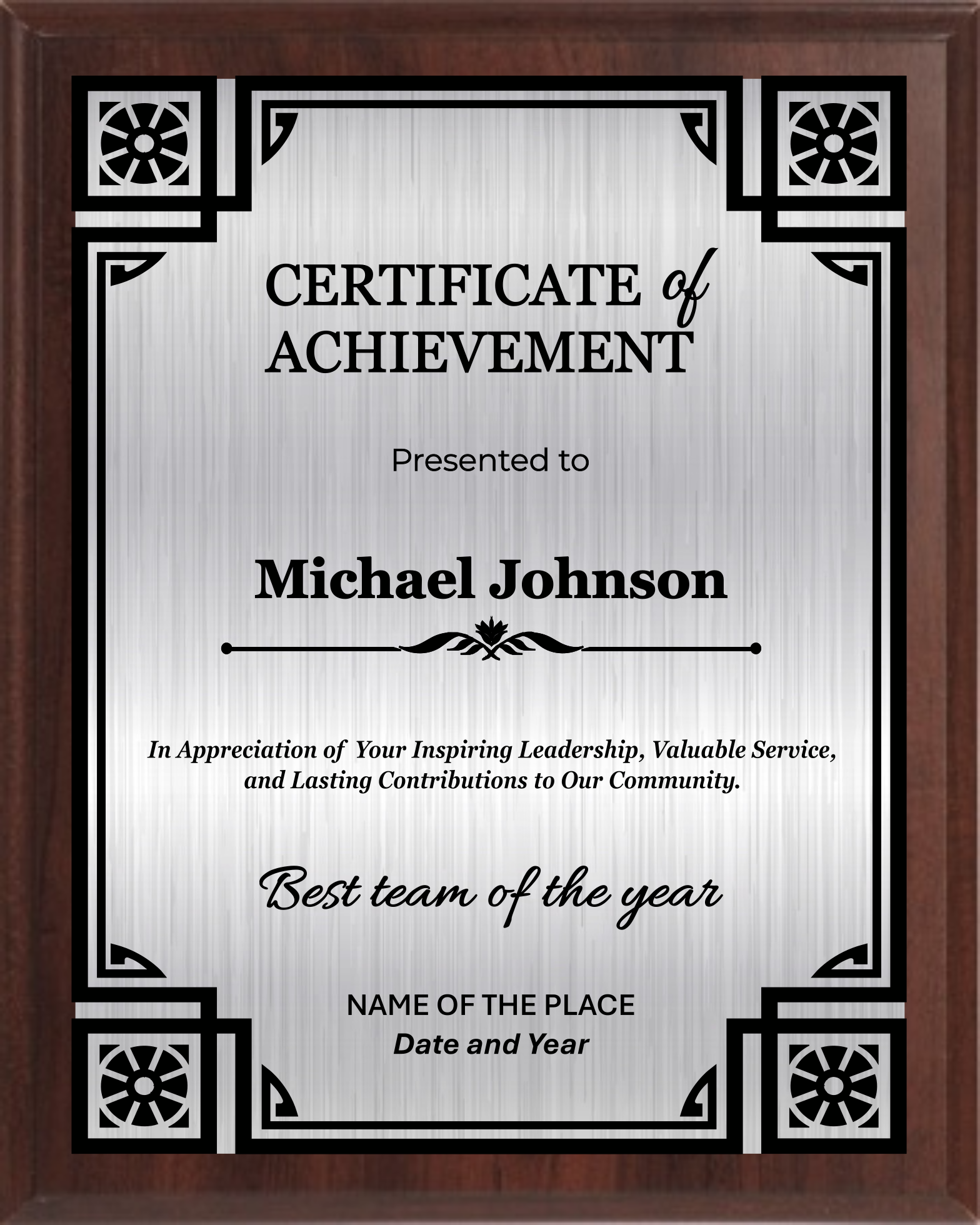 Achievement Trophy Plaque Award - Walnut / Cherry Trophy Plaque with Black on Gold/Silver/Bronze Metal Plate - Multiple Size