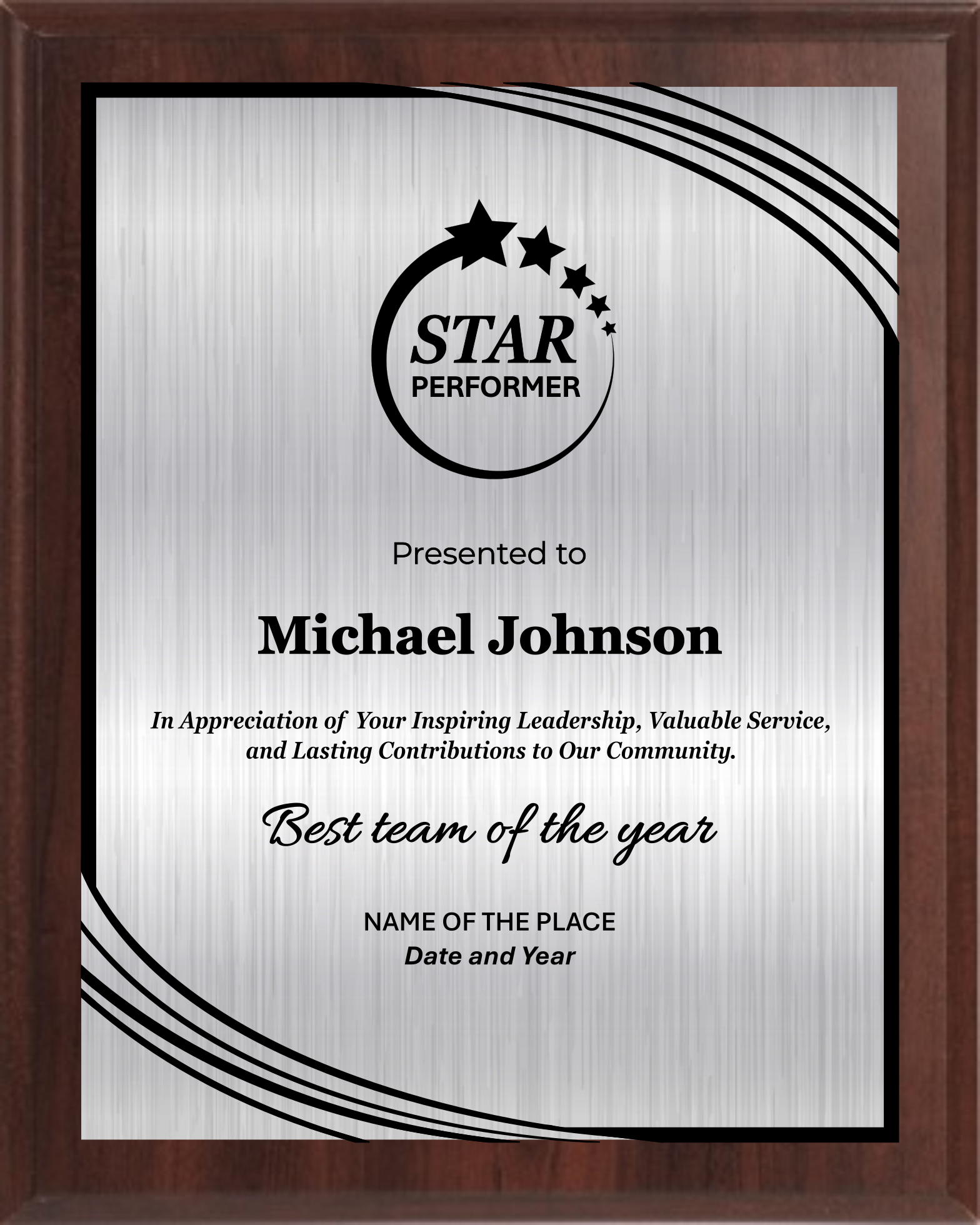 Star Performer Trophy Plaque Award - Walnut / Cherry Trophy Plaque with Black on Gold/Silver/Bronze Metal Plate - Multiple Size