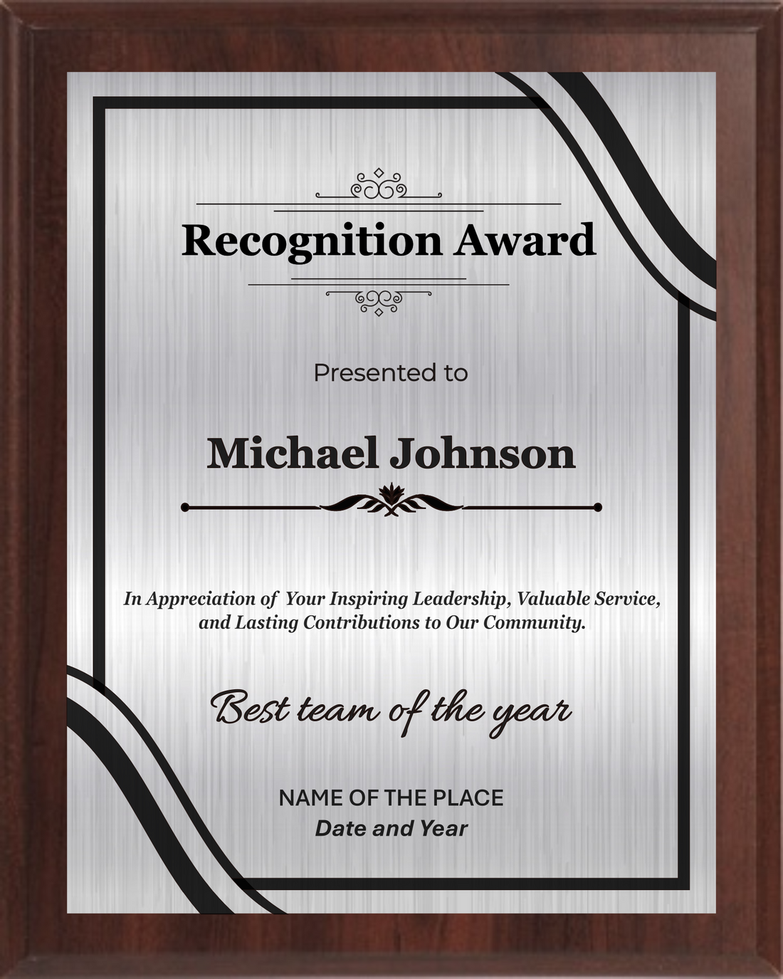 Recognition Trophy Plaque Award - Walnut / Cherry Trophy Plaque with Black on Gold/Silver/Bronze Metal Plate - Multiple Size
