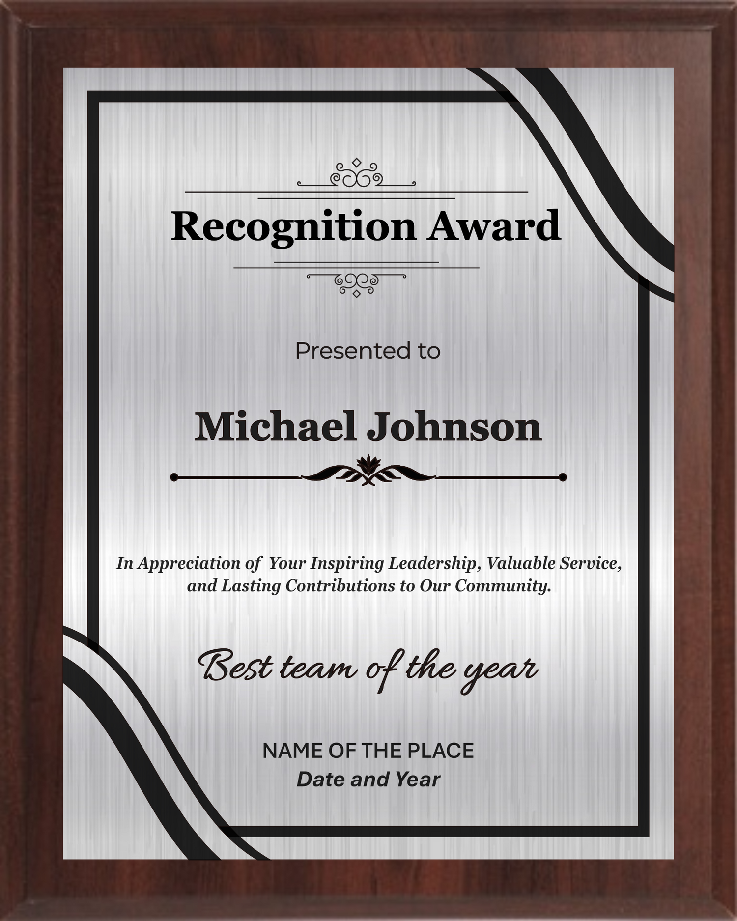 Recognition Trophy Plaque Award - Walnut / Cherry Trophy Plaque with Black on Gold/Silver/Bronze Metal Plate - Multiple Size