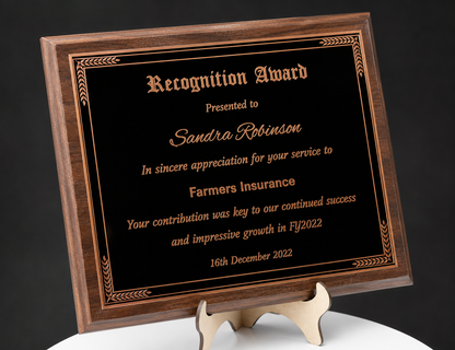 Personalized Engraved Trophy Plaque Award - Walnut / Cherry Trophy Plaque with Bronze Black Metal Plate - Multiple Sizes
