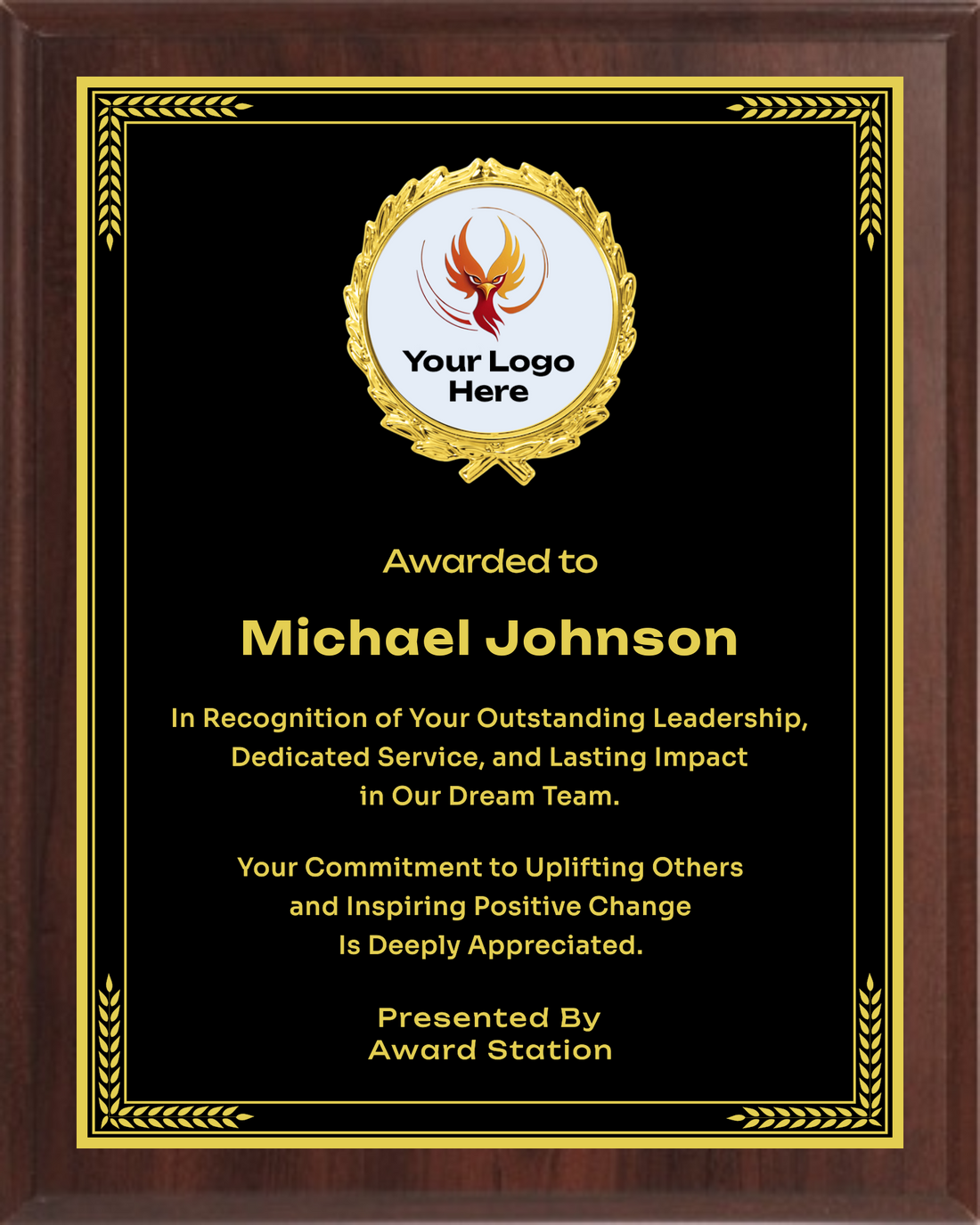 Recognition Trophy Plaque Award- Walnut / Cherry Trophy Plaque with Gold / Silver Black Metal Plate - Multiple Sizes