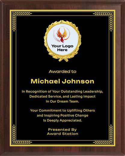 Recognition Trophy Plaque Award- Walnut / Cherry Trophy Plaque with Gold / Silver Black Metal Plate - Multiple Sizes