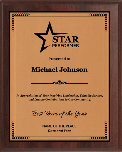 Star Performer Trophy Plaque Award - Walnut / Cherry Trophy Plaque with Black on Gold/Silver/Bronze Metal Plate - Multiple Size