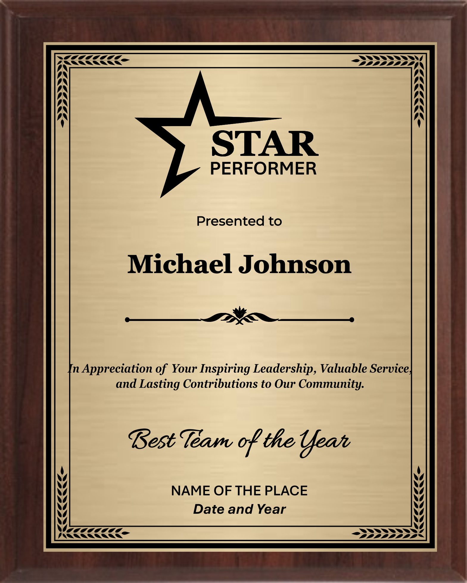 Star Performer Trophy Plaque Award - Walnut / Cherry Trophy Plaque with Black on Gold/Silver/Bronze Metal Plate - Multiple Size