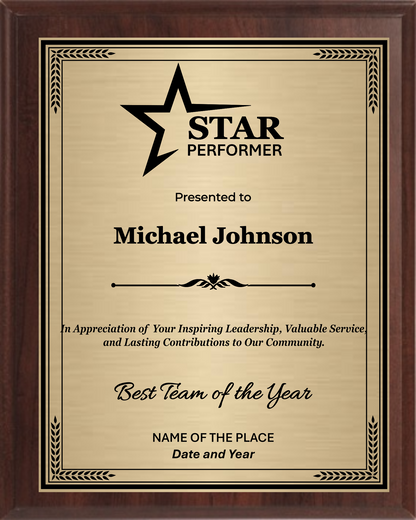 Star Performer Trophy Plaque Award - Walnut / Cherry Trophy Plaque with Black on Gold/Silver/Bronze Metal Plate - Multiple Size