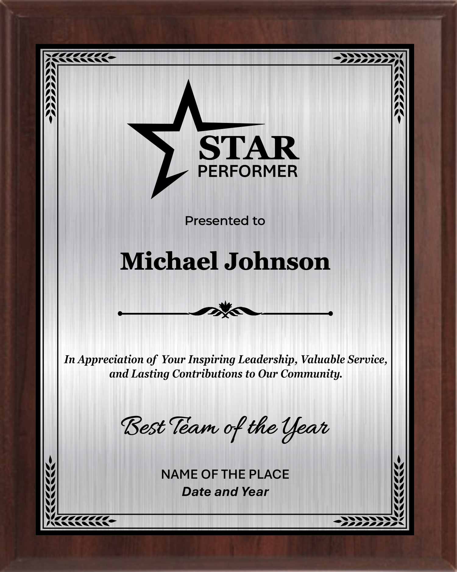 Star Performer Trophy Plaque Award - Walnut / Cherry Trophy Plaque with Black on Gold/Silver/Bronze Metal Plate - Multiple Size