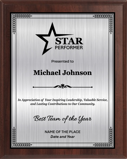 Star Performer Trophy Plaque Award - Walnut / Cherry Trophy Plaque with Black on Gold/Silver/Bronze Metal Plate - Multiple Size