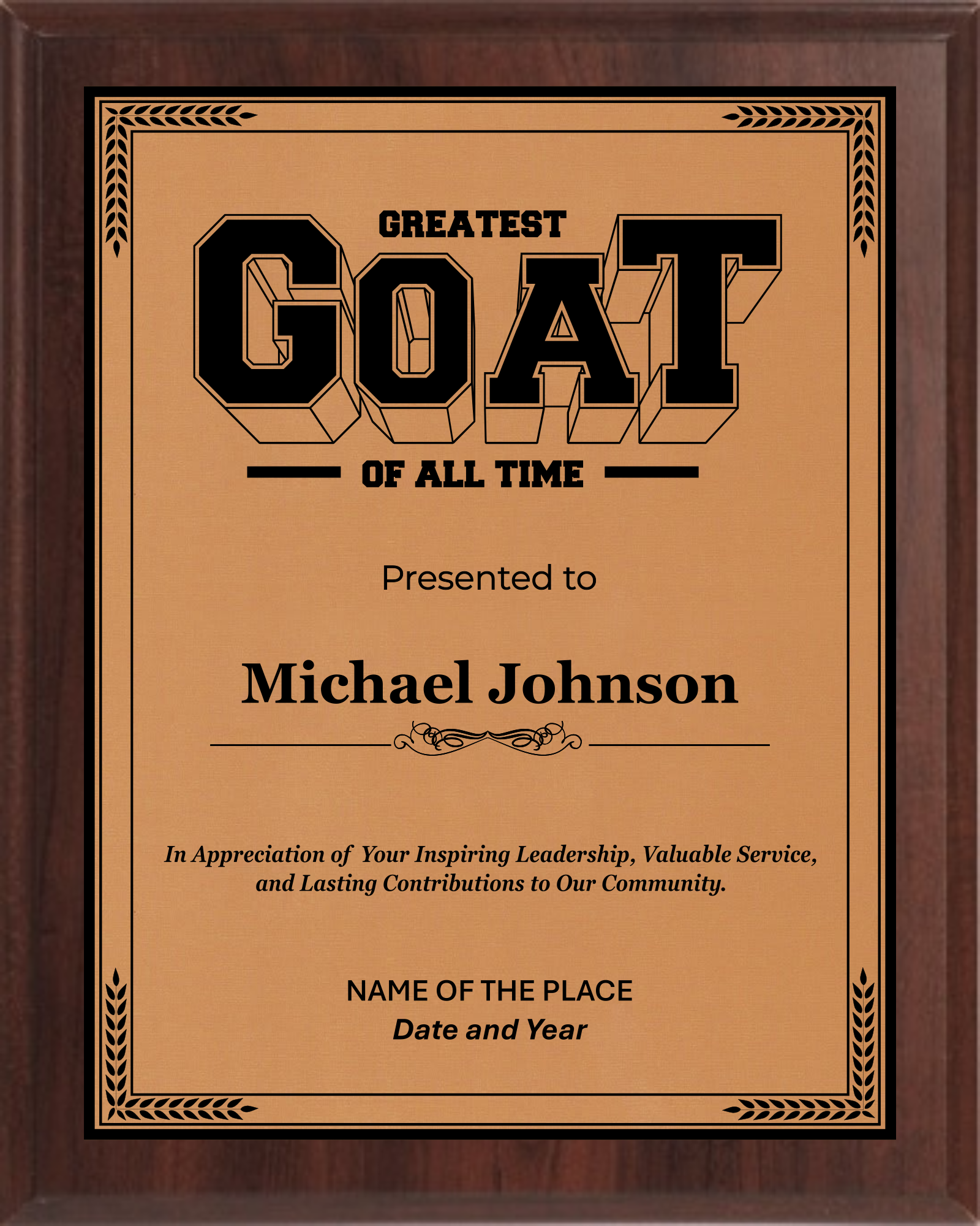 Goat Of All Time Trophy Plaque Award - Walnut / Cherry Trophy Plaque with Black on Gold/Silver/Bronze Metal Plate - Multiple Size