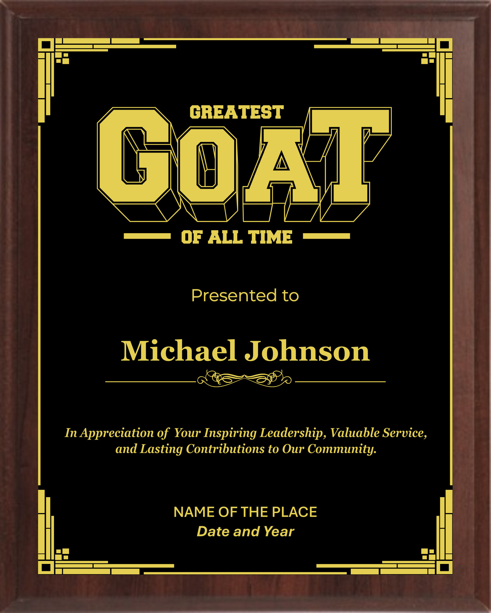 Goat Of All Time Trophy Plaque Award - Walnut / Cherry Trophy Plaque with Black on Gold/Silver/Bronze Metal Plate - Multiple Size